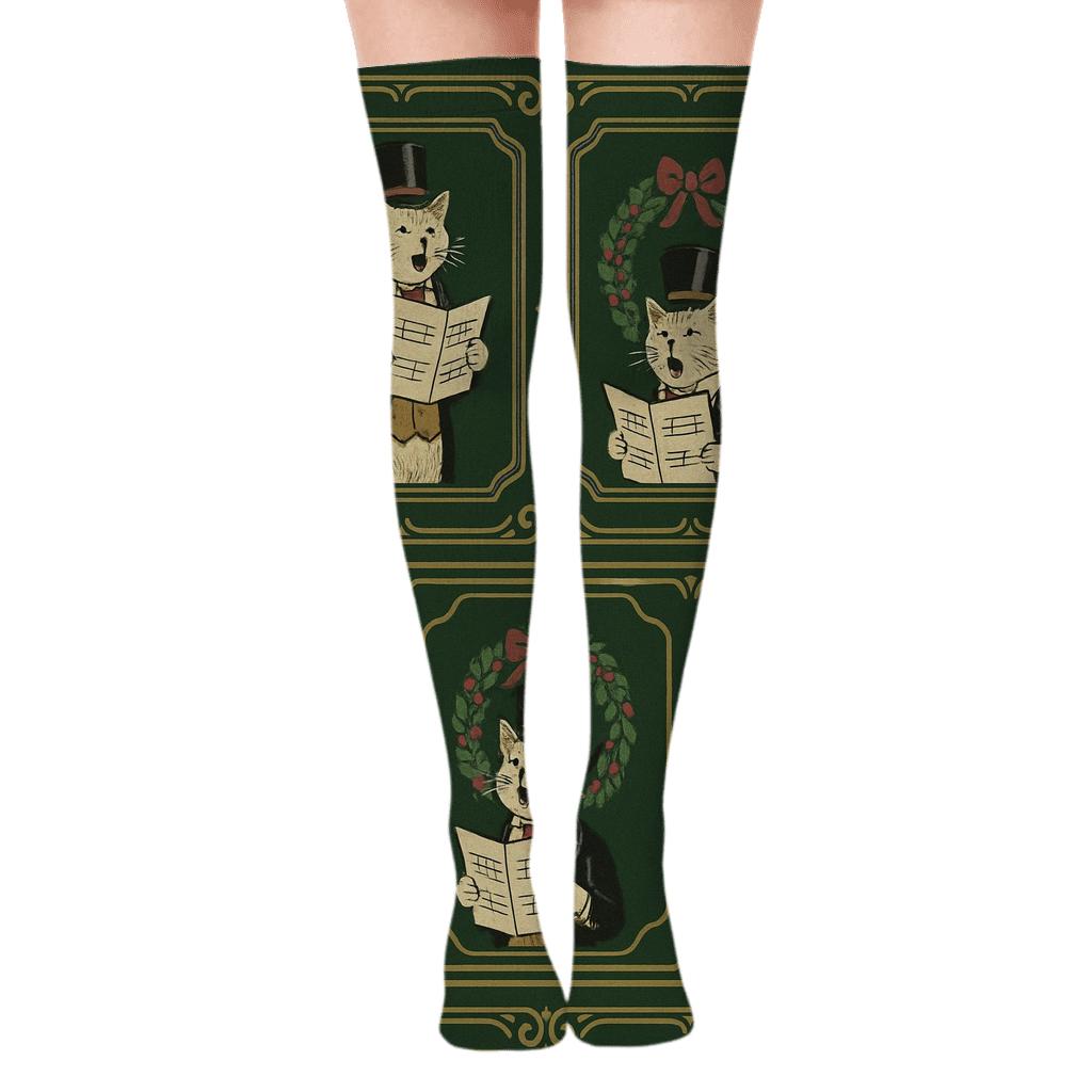 Vintage Cat Carolers Border unique graphic over-the-knee socks