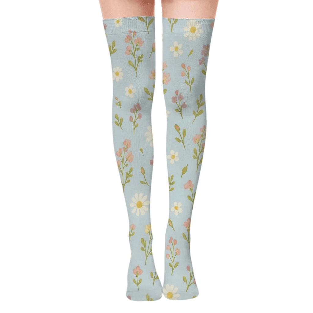 Whimsical Wildflower Scatter On Light Blue Background unique graphic over-the-knee socks