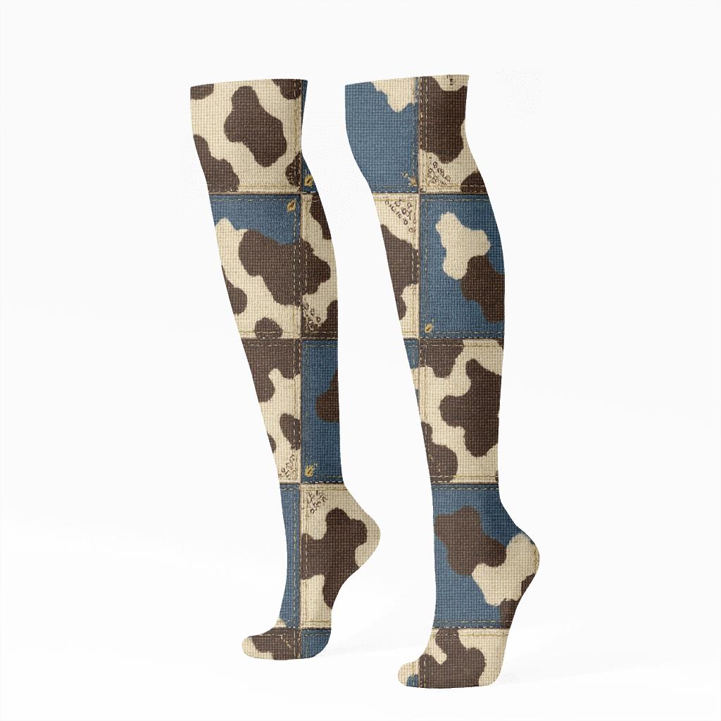 Denim Patchwork Cow Overlay trendy patterned knee-high socks