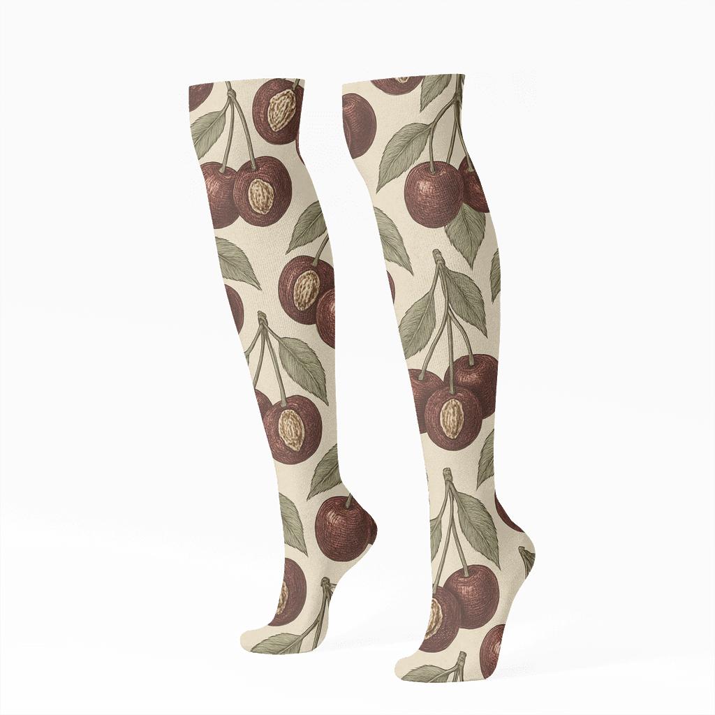 Vintage Botanical Cluster Bands On Cream designer print knee-high socks