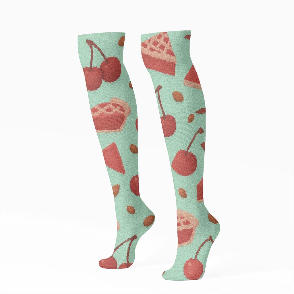 Playful Cherry Dessert Scatter On Mint custom knee-high socks