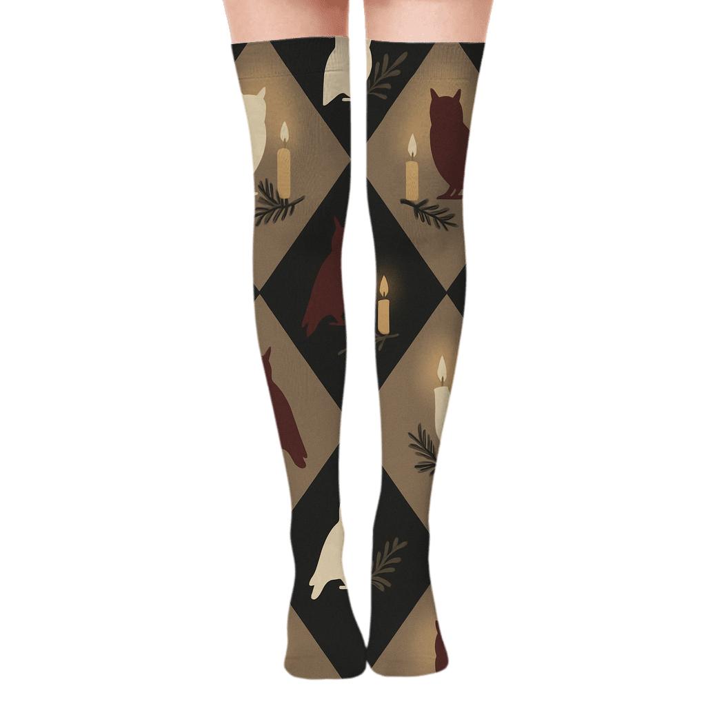 Owl Candlelight Lattice comfortable cotton over-the-knee socks