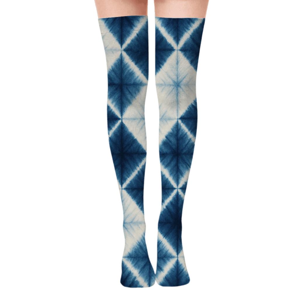 Shibori Diamond Array In Indigo And White trendy patterned over-the-knee socks
