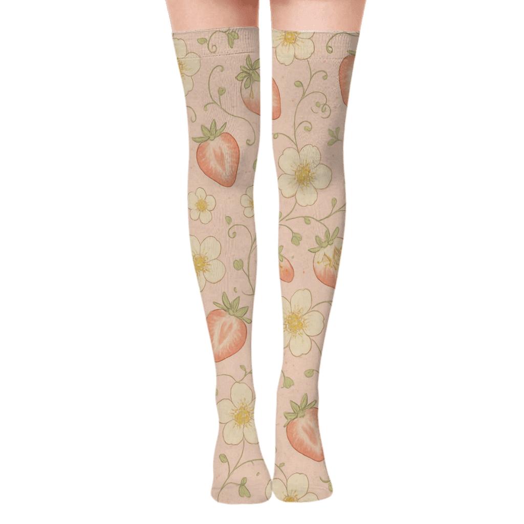 Strawberry Blossom Glow Array On Soft Pink unique graphic over-the-knee socks