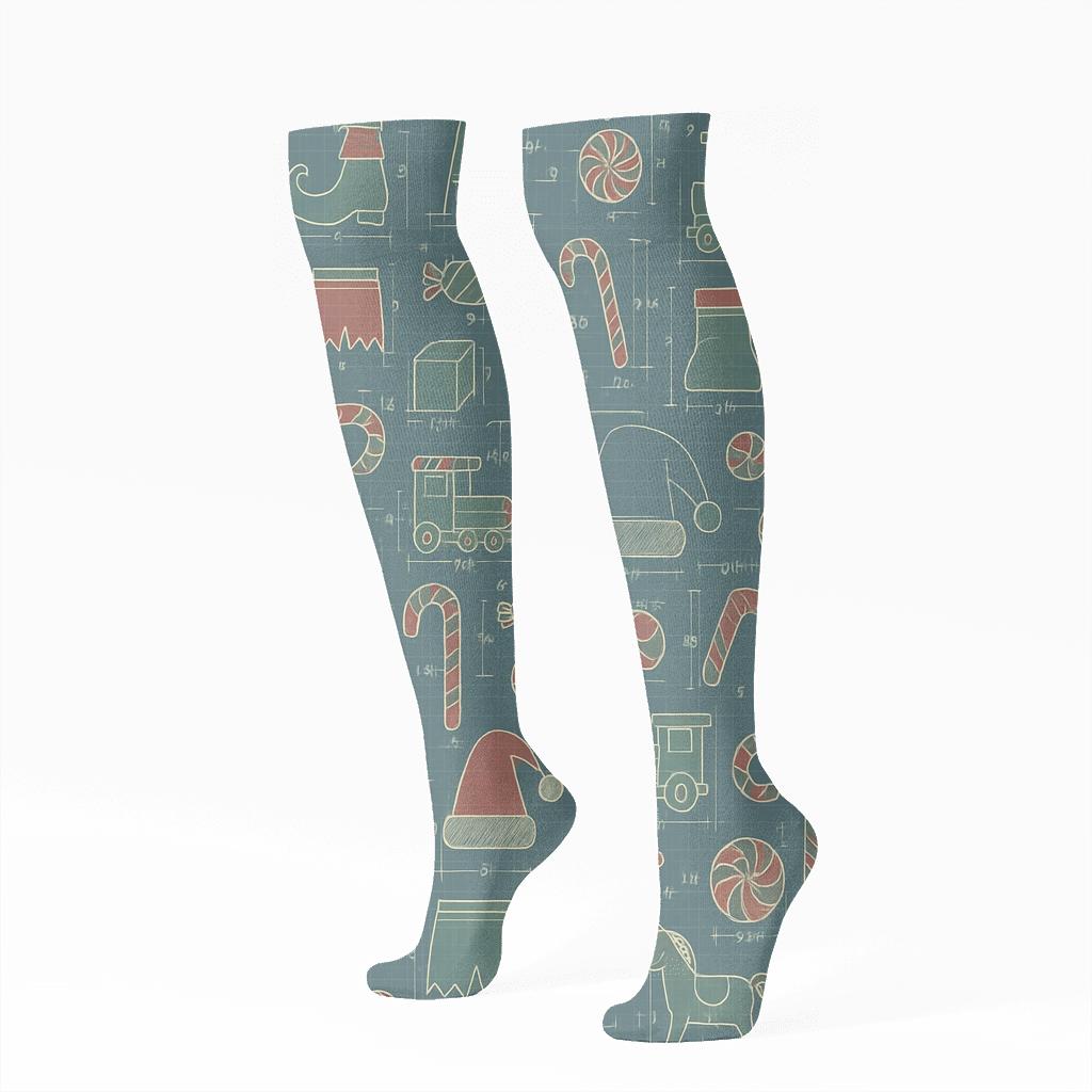 Elf Workshop Blueprint Xmas Motifs stylish athletic knee-high socks