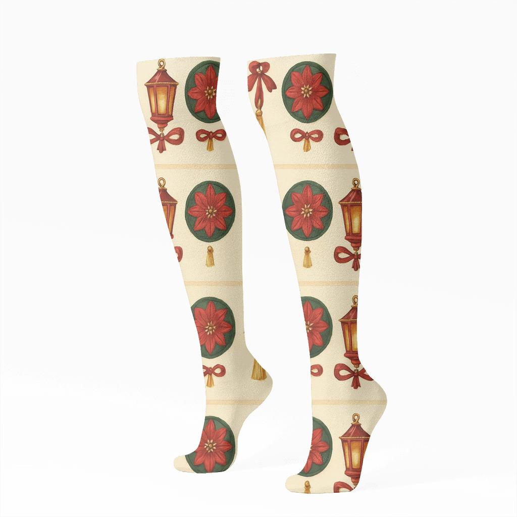 Lantern Procession Holiday Border Christmas stylish athletic knee-high socks