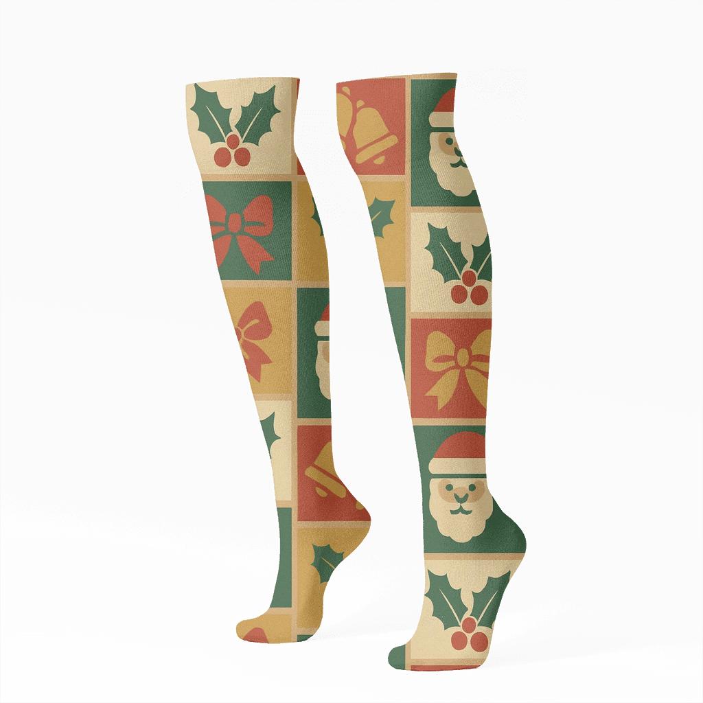 Wrapping Paper Plaque Holiday Medley designer print knee-high socks