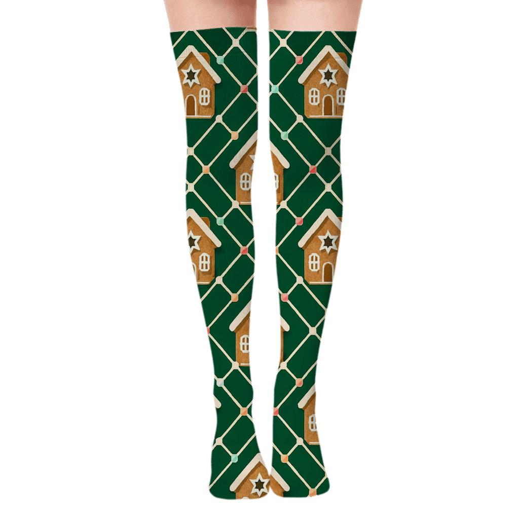Gingerbread House Diagonal Grid Christmas personalized over-the-knee socks