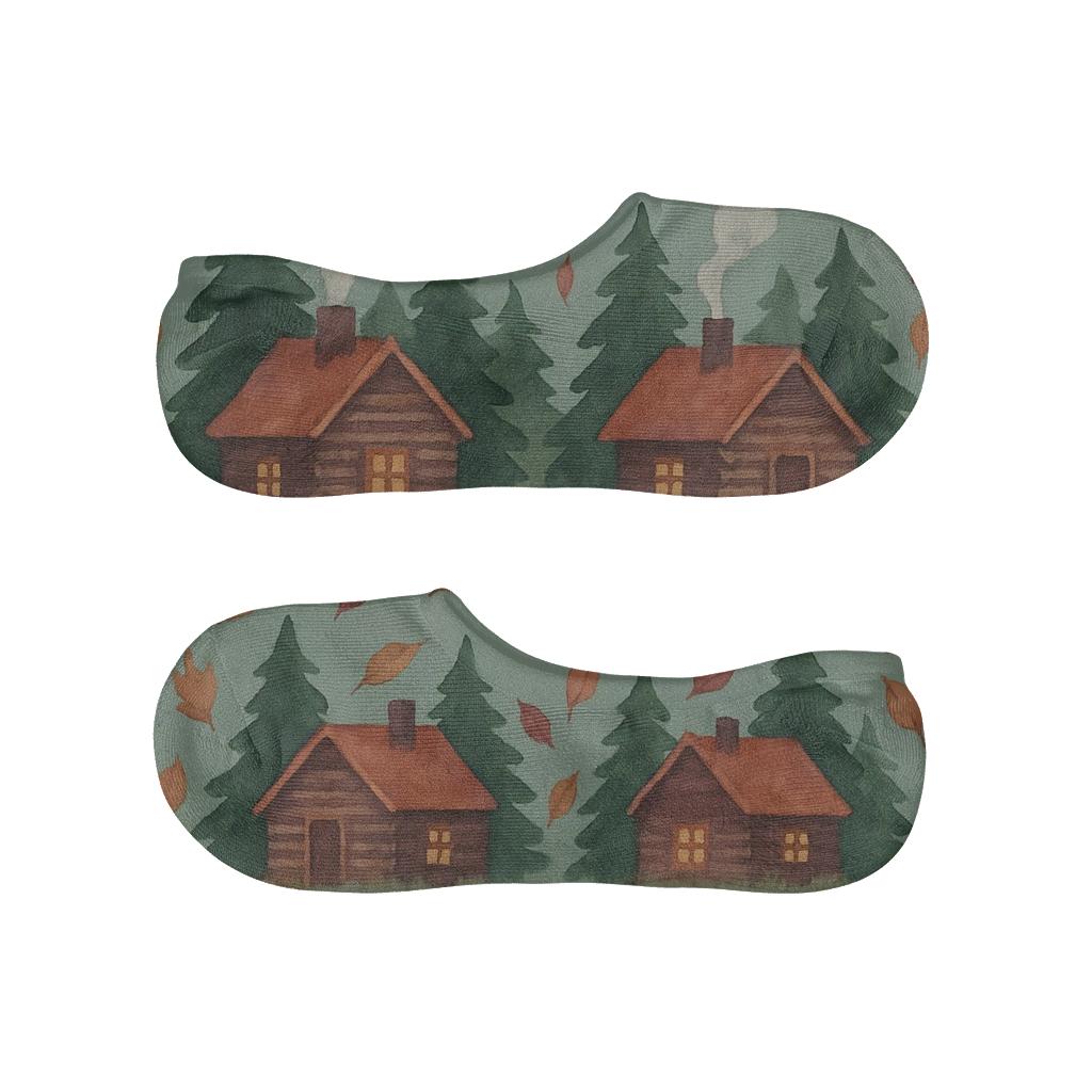 Cozy Cabin Wraparound Scene On Muted Teal Ground designer print no-show socks