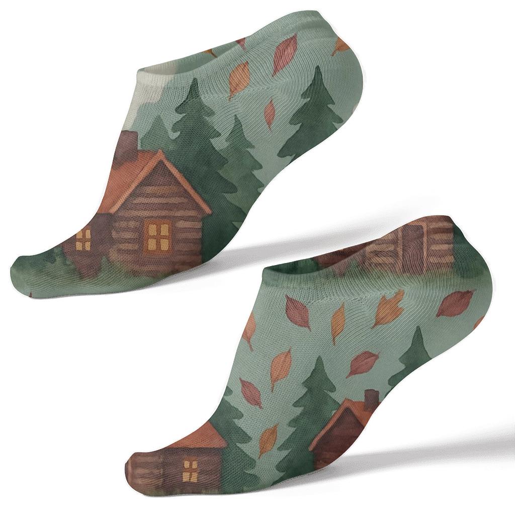 Cozy Cabin Wraparound Scene On Muted Teal Ground stylish athletic ankle socks