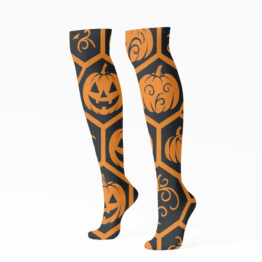 Pumpkin Hexagonal Tile On Black Background premium sports knee-high socks