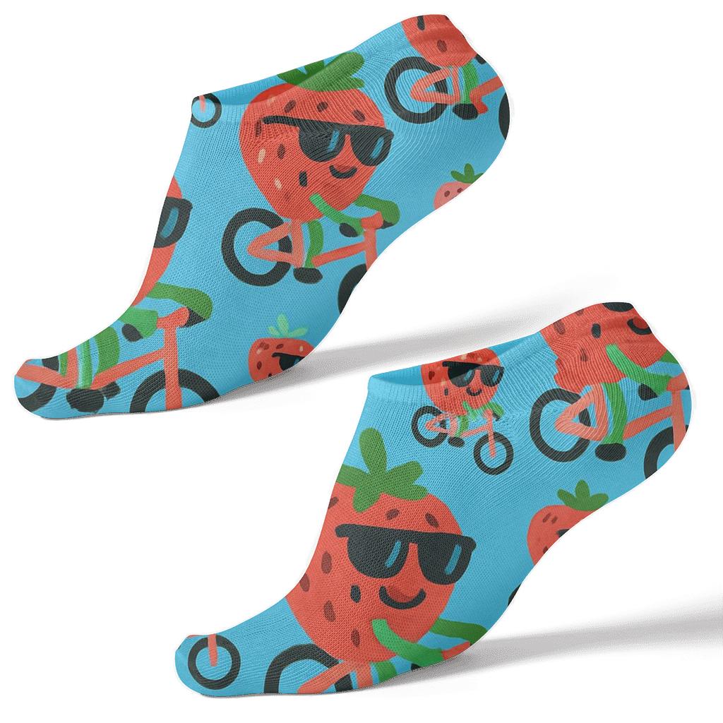 Playful Strawberry Character Parade On Sky Blue trendy patterned ankle socks