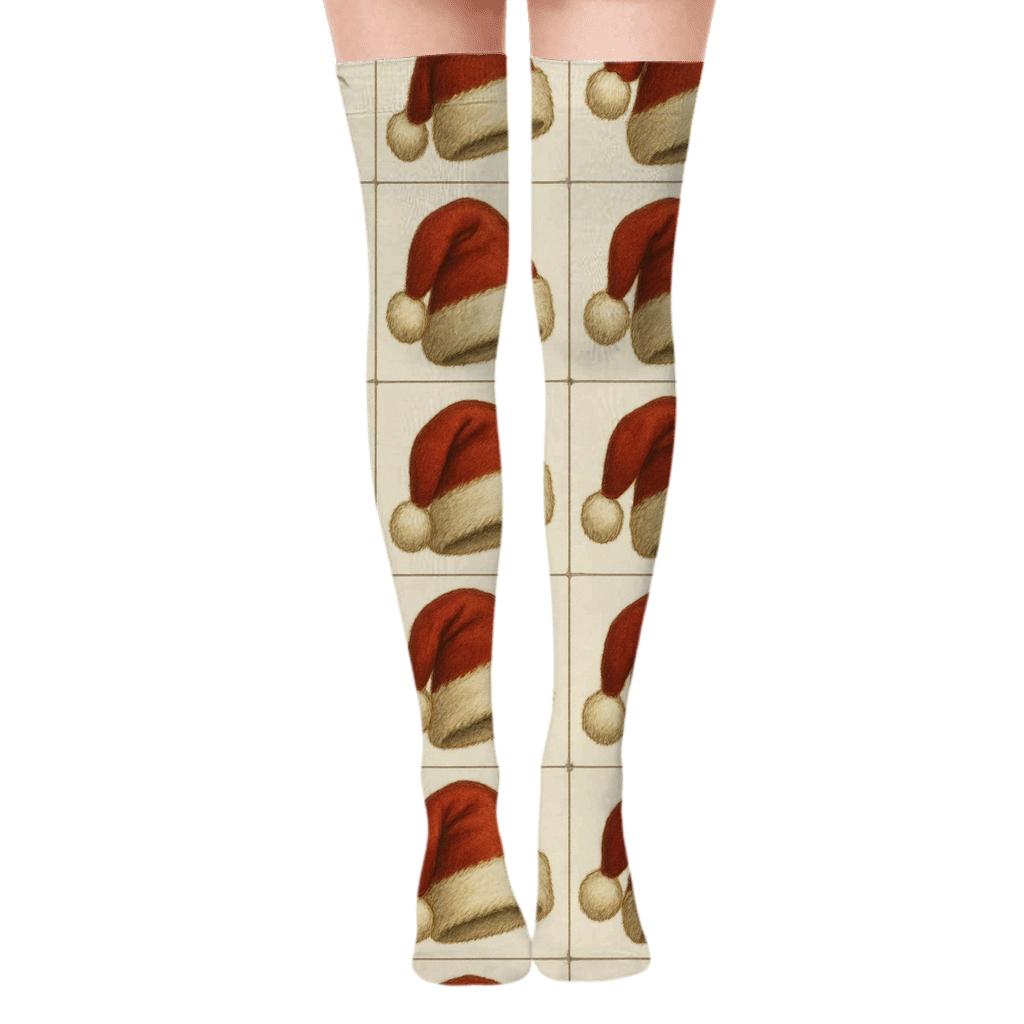 Santa Hat Grid Pattern comfortable cotton over-the-knee socks