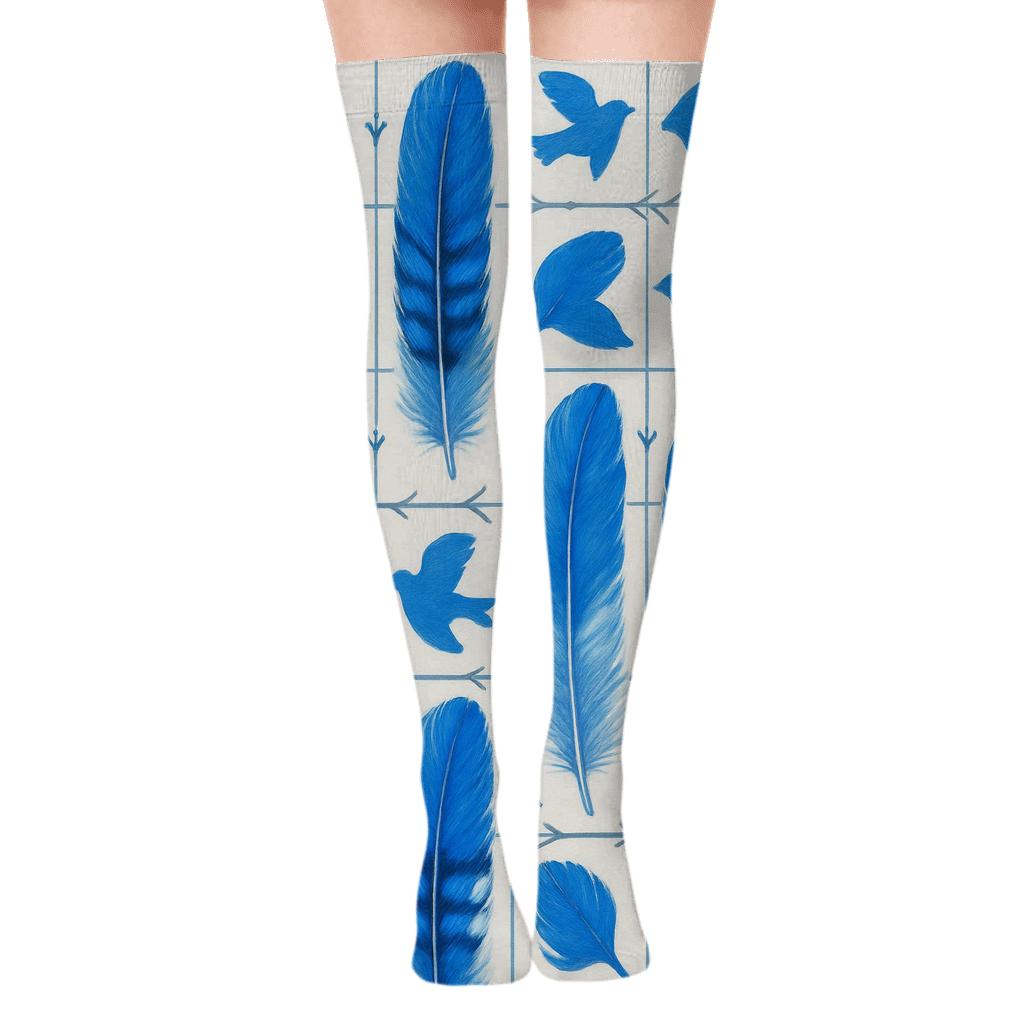 Blue Jay Feather Grid premium cozy over-the-knee socks