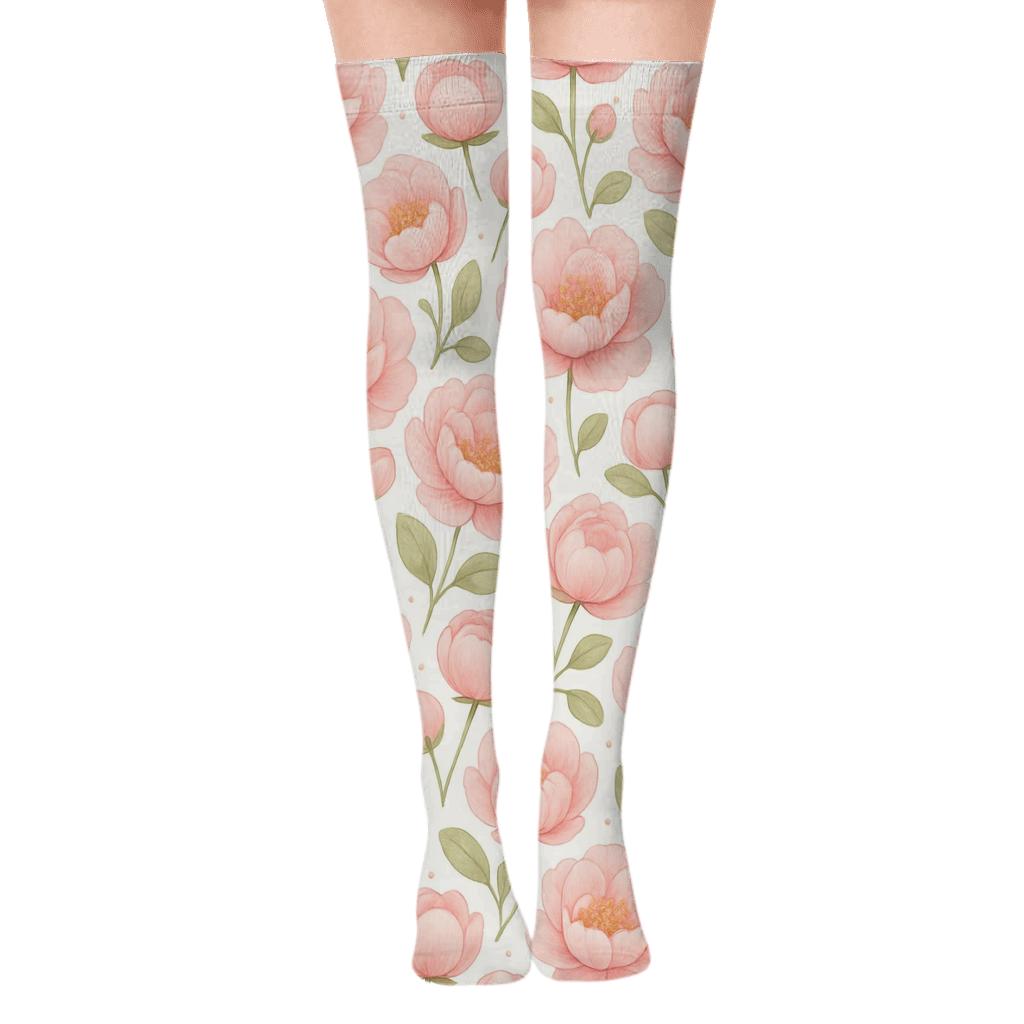 Pastel Peony Tessellation On White Background unique graphic over-the-knee socks