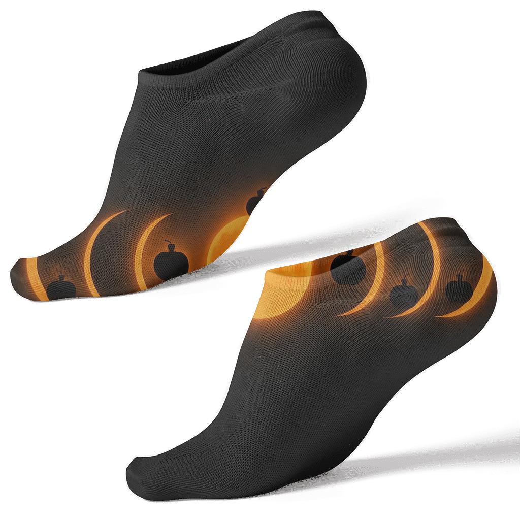 Orange Moon Phase Progression On Black Background trendy patterned ankle socks