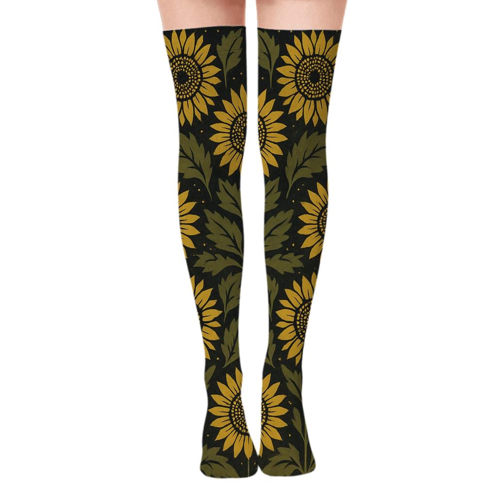 Sunflower Grid On Charcoal Background soft everyday over-the-knee socks