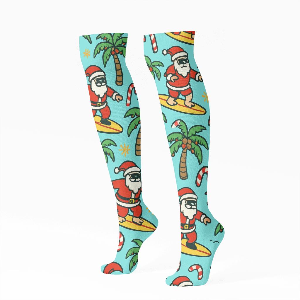 Santa Surfboard Parade Christmas comfortable cotton knee-high socks