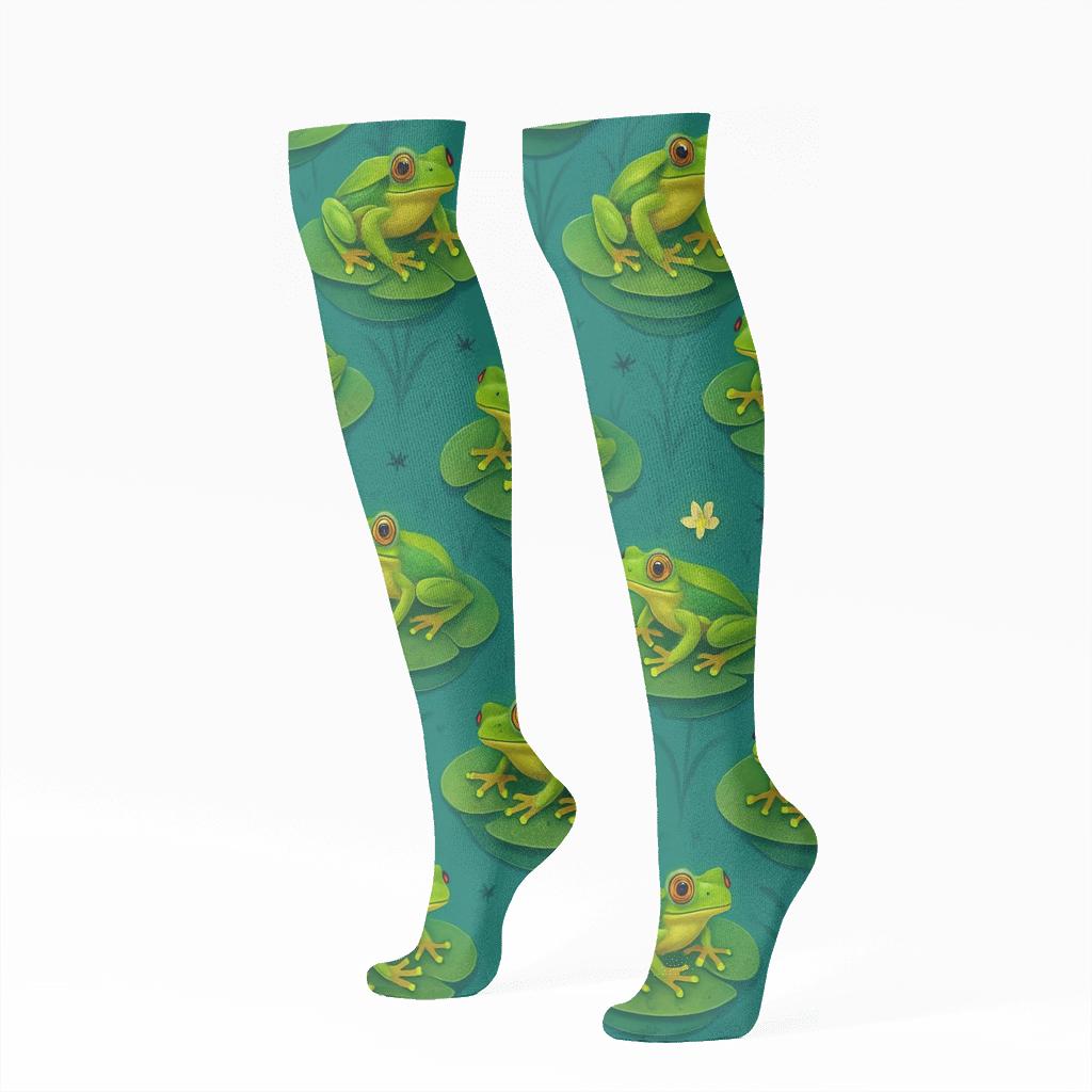 Lily Pad Lattice On Pond Blue stylish athletic knee-high socks