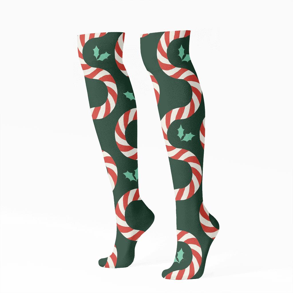Candy Cane Wave Christmas soft everyday knee-high socks