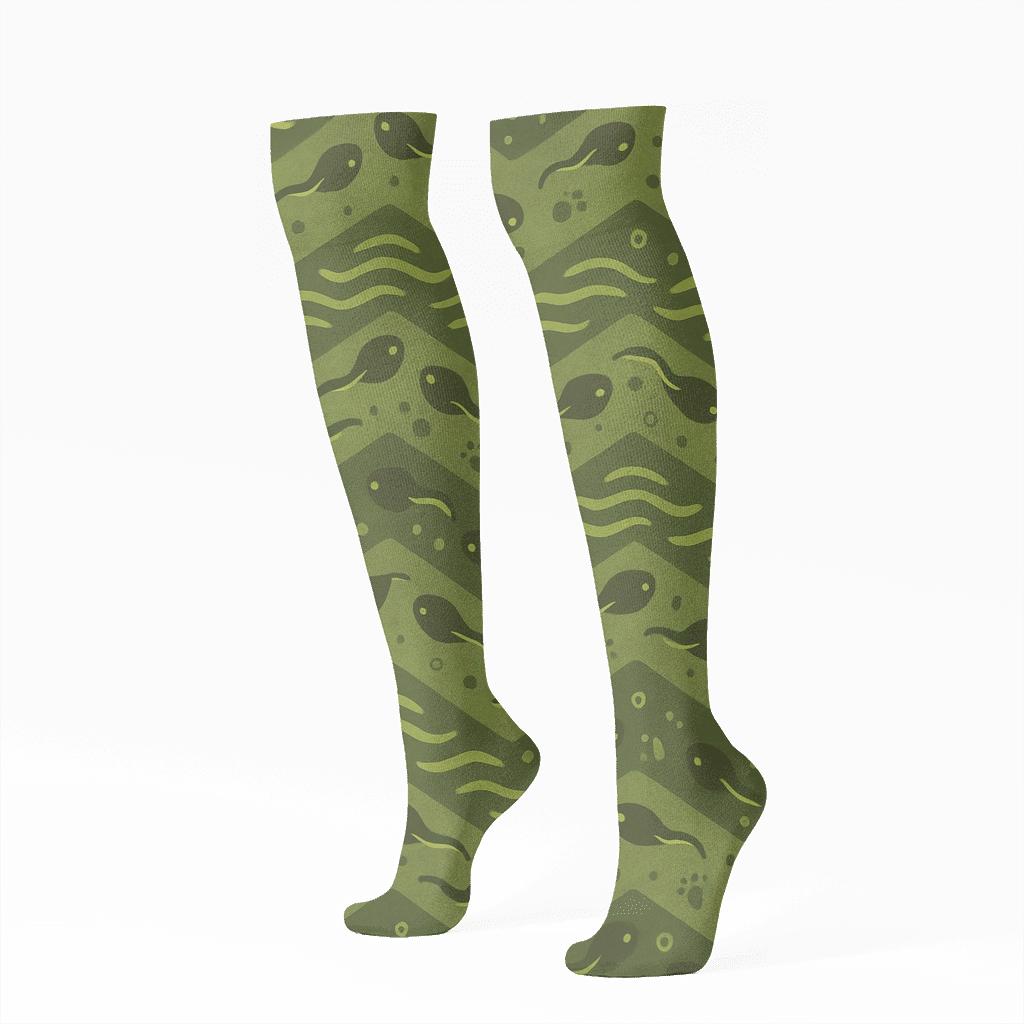 Tadpole Chevron On Moss Green designer print knee-high socks