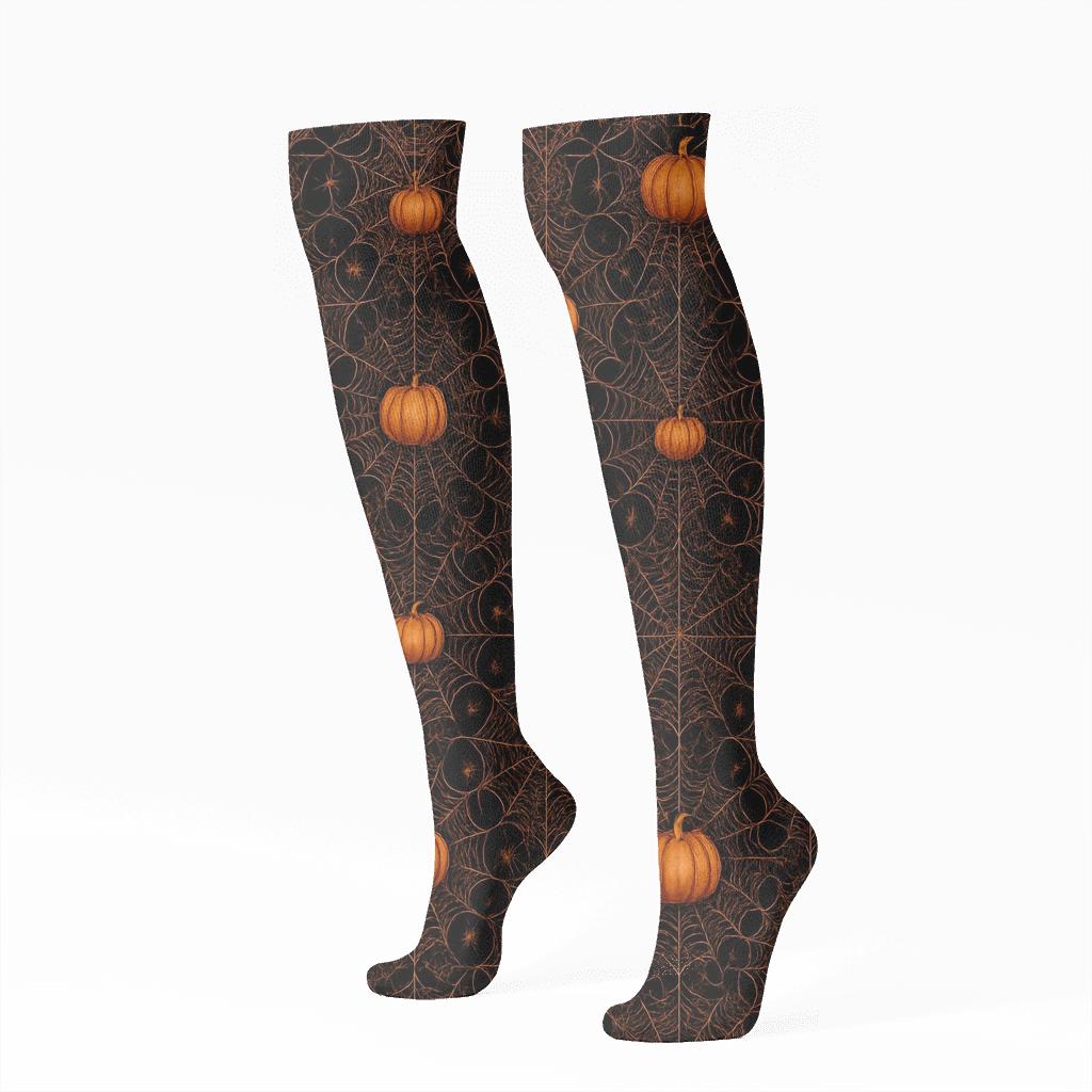 Spider Web Overlay With Pumpkins On Black Background custom knee-high socks