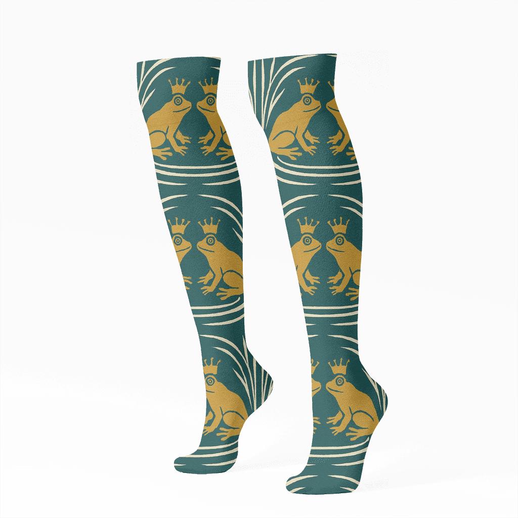 Crowned Frog Mirror Pair On Deep Teal custom knee-high socks