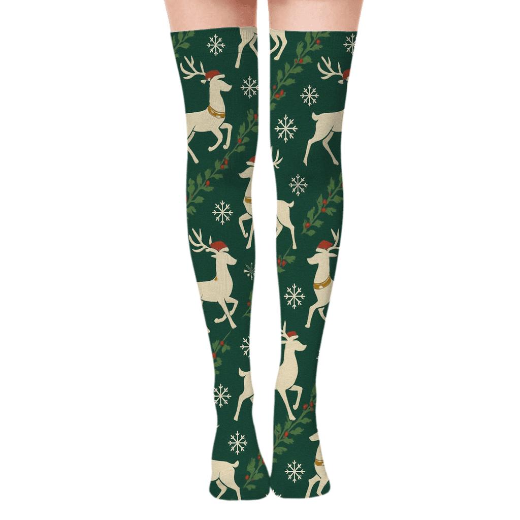 Nordic Reindeer Grid On Dark Evergreen designer print over-the-knee socks