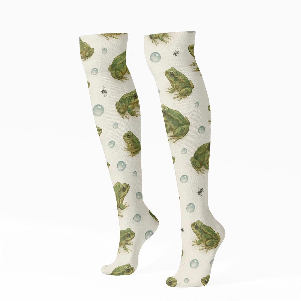 Rain Kissed Frog Scatter On Ivory soft everyday knee-high socks