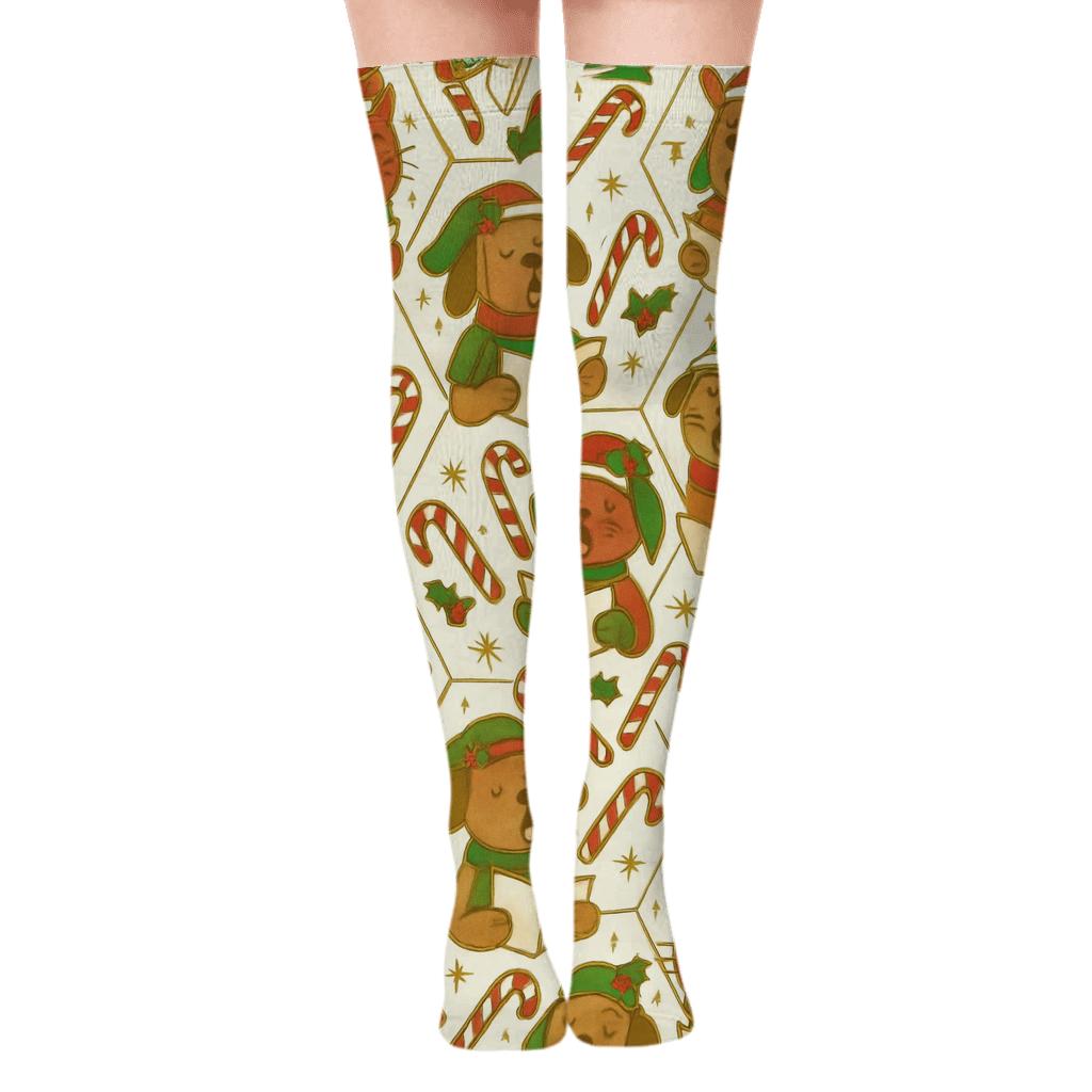 Carolers And Candy Cane Tessellation On White premium cozy over-the-knee socks