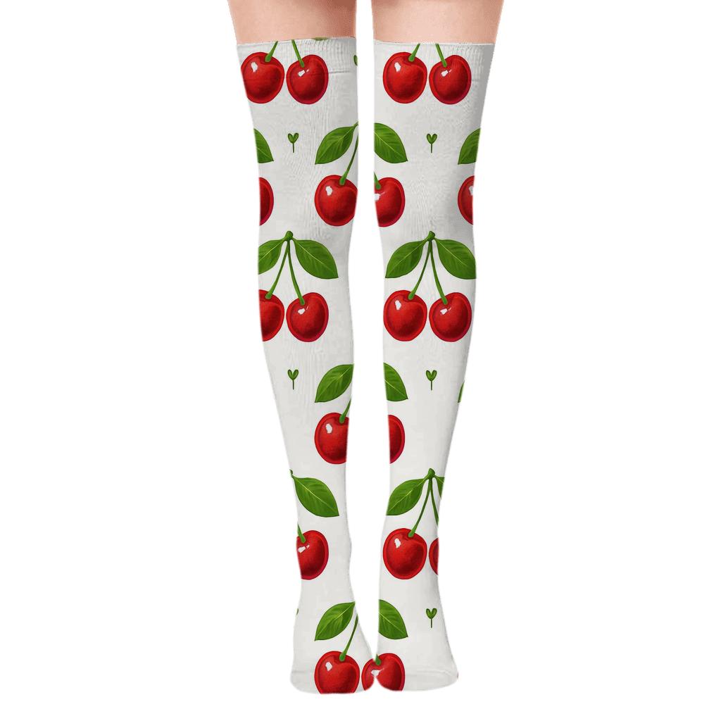 Paired Cherry Grid On White custom over-the-knee socks