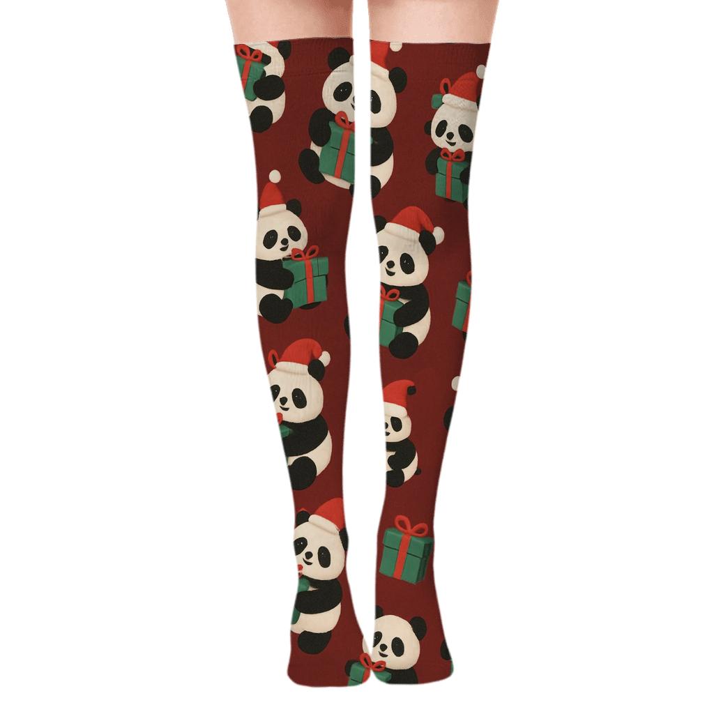 Santa Hat Panda Scatter On Burgundy premium cozy over-the-knee socks