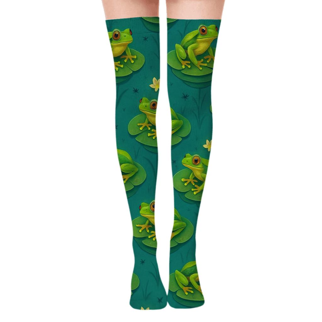 Lily Pad Lattice On Pond Blue trendy patterned over-the-knee socks
