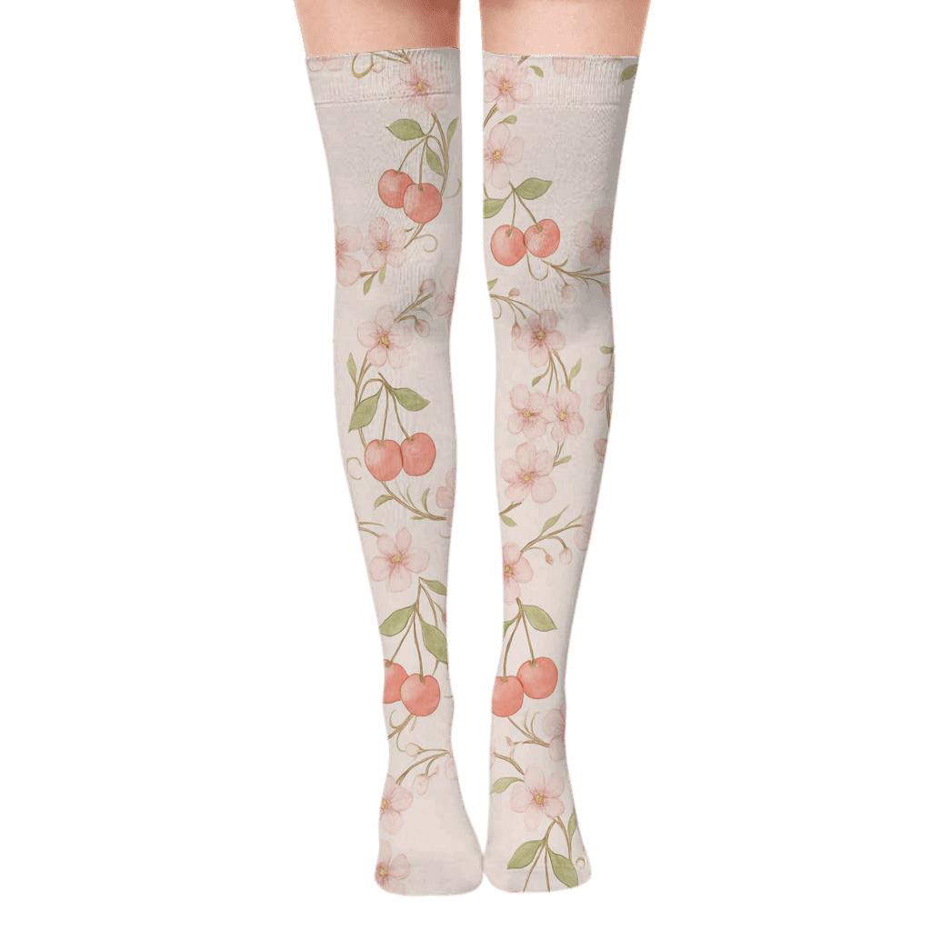 Watercolor Blossom Wreath Repeat On Pale Pink unique graphic over-the-knee socks