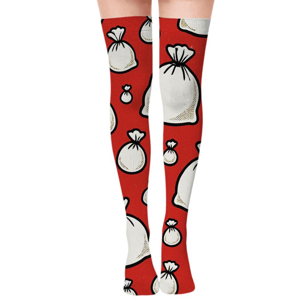 Santa Sack Scatter Design trendy patterned over-the-knee socks