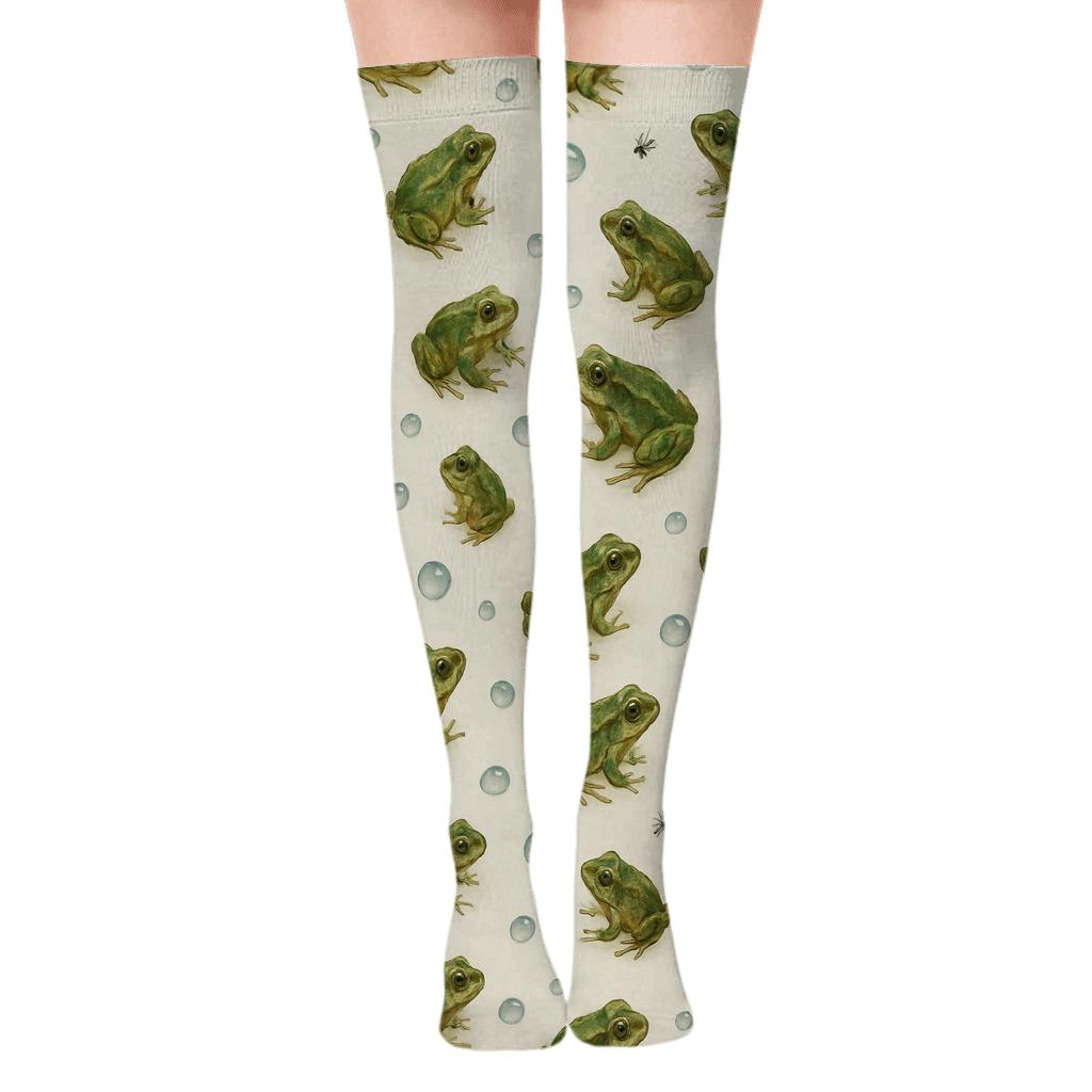 Rain Kissed Frog Scatter On Ivory custom over-the-knee socks