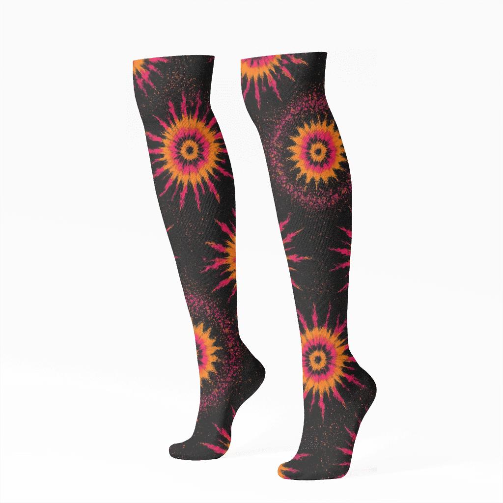 Ice Dye Starburst Tessellation On Black custom knee-high socks
