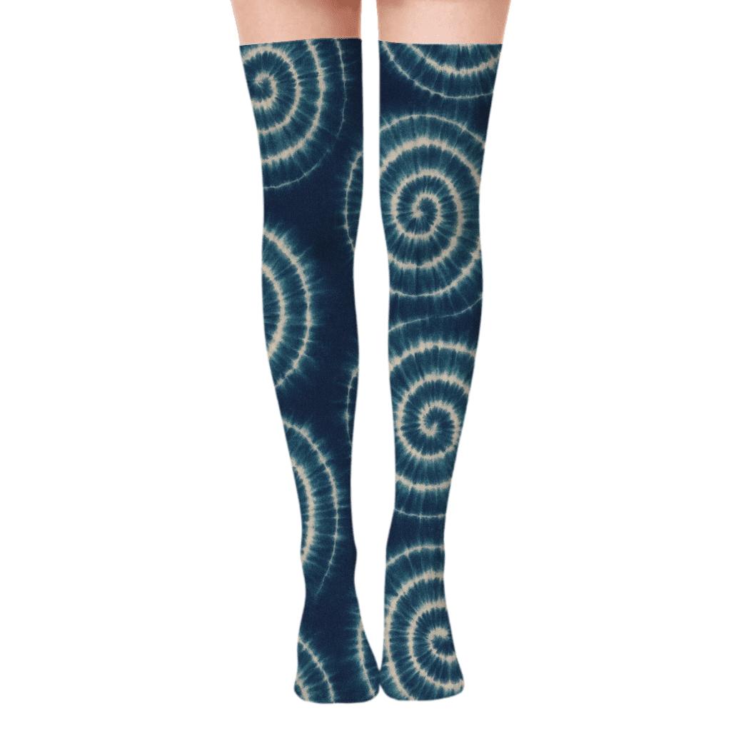Spiral Whorl Grid On Indigo Field unique graphic over-the-knee socks