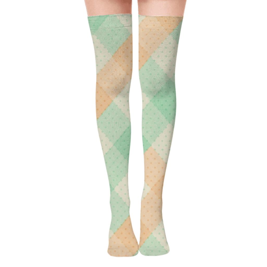 Pastel Gingham Micro Dot Grid comfortable cotton over-the-knee socks