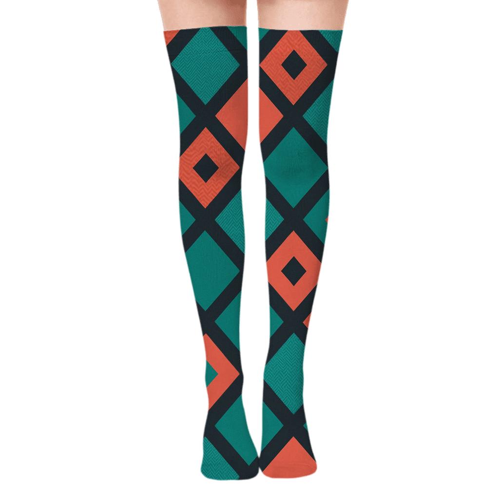 Diagonal Diamond Check With Chevron Micro Fill stylish fashion over-the-knee socks