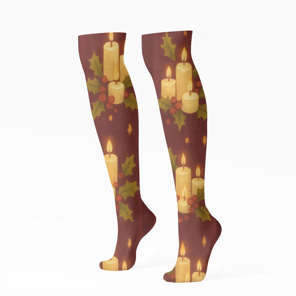 Candlelight Stripe Christmas comfortable cotton knee-high socks