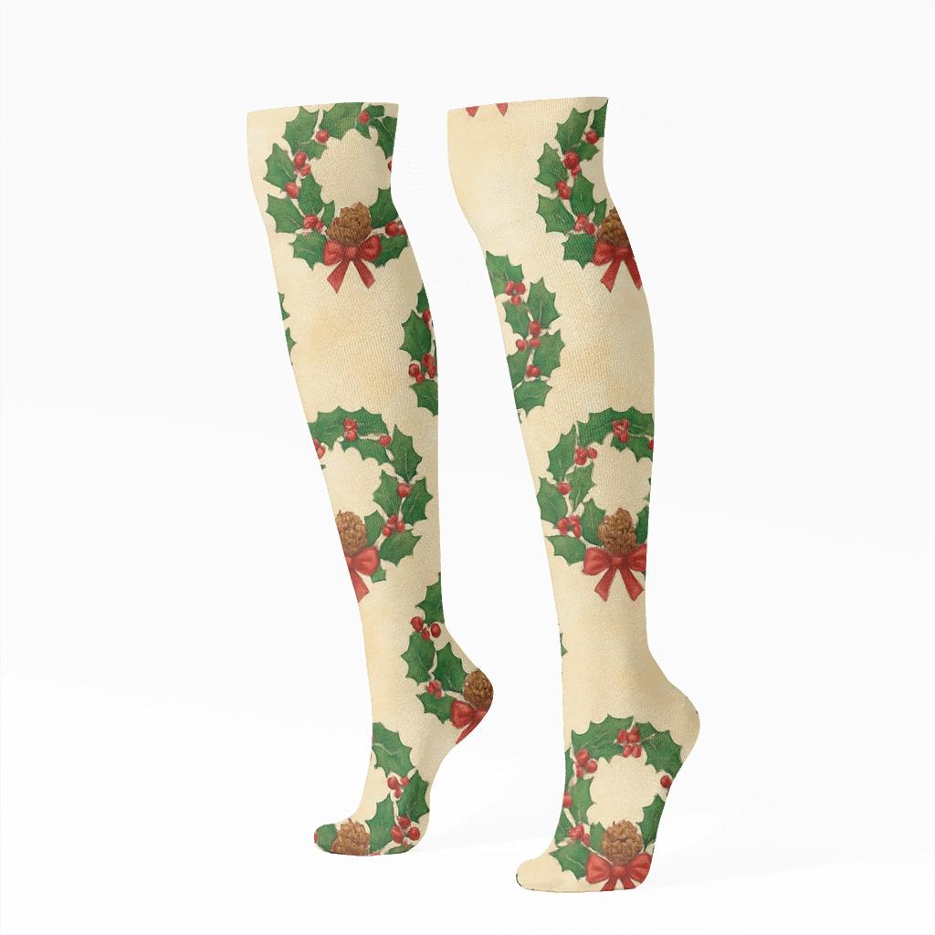 Merry Wreath Ring Christmas unique graphic knee-high socks