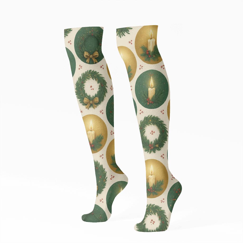Holiday Candle Wreath XMas trendy patterned knee-high socks