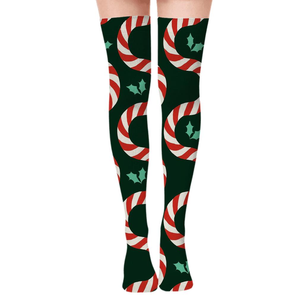 Candy Cane Wave Christmas stylish fashion over-the-knee socks
