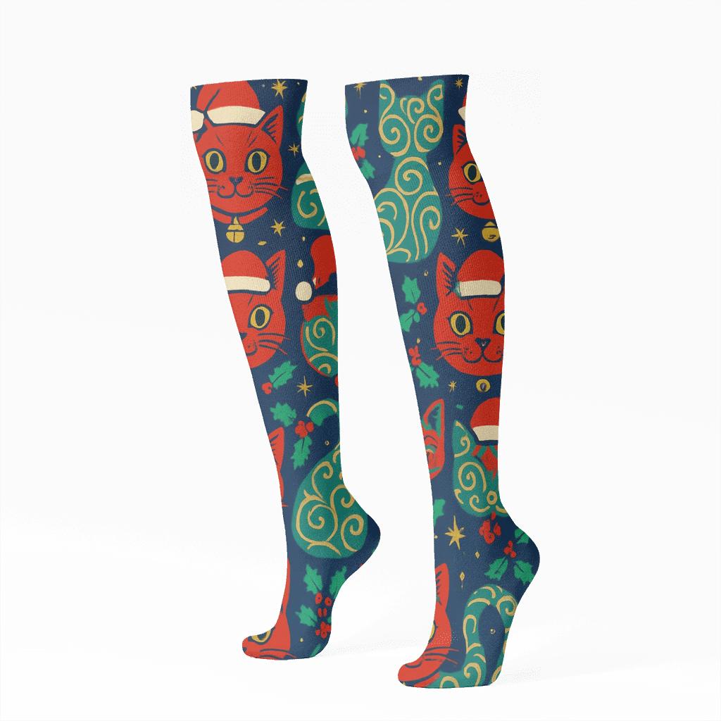 Festive Cat Ornament Grid personalized knee-high socks