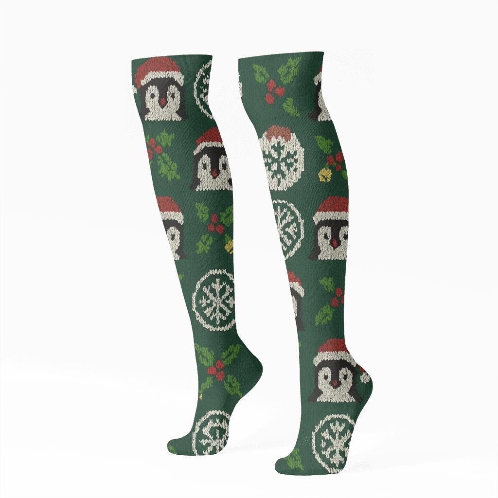 Nordic Penguin Knit Grid comfortable cotton knee-high socks