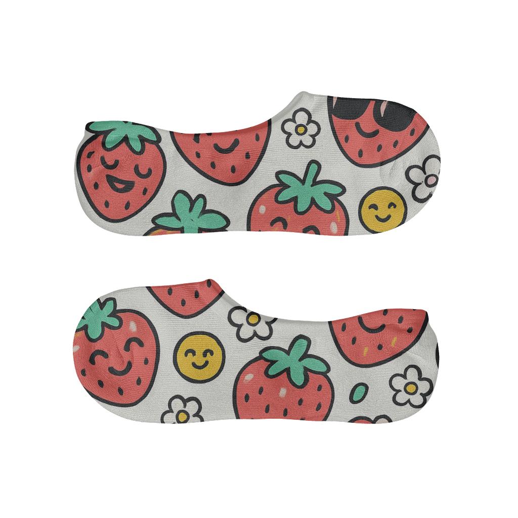 Playful Strawberry Character Scatter designer print no-show socks