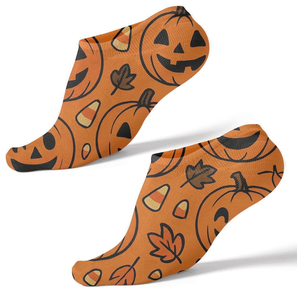 Jack O Lantern Cluster Pattern On Orange Background unique graphic ankle socks