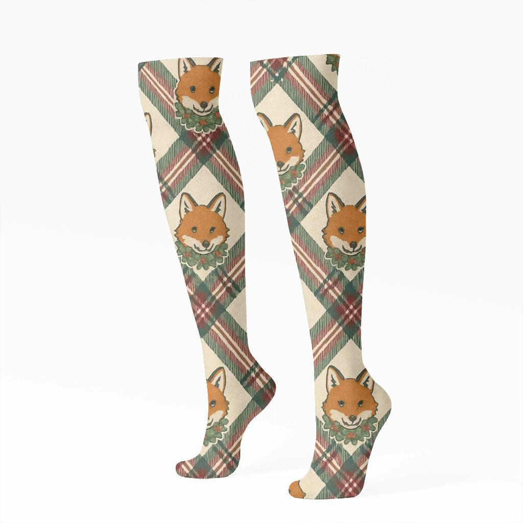 Festive Fox Plaid Scatter comfortable cotton knee-high socks