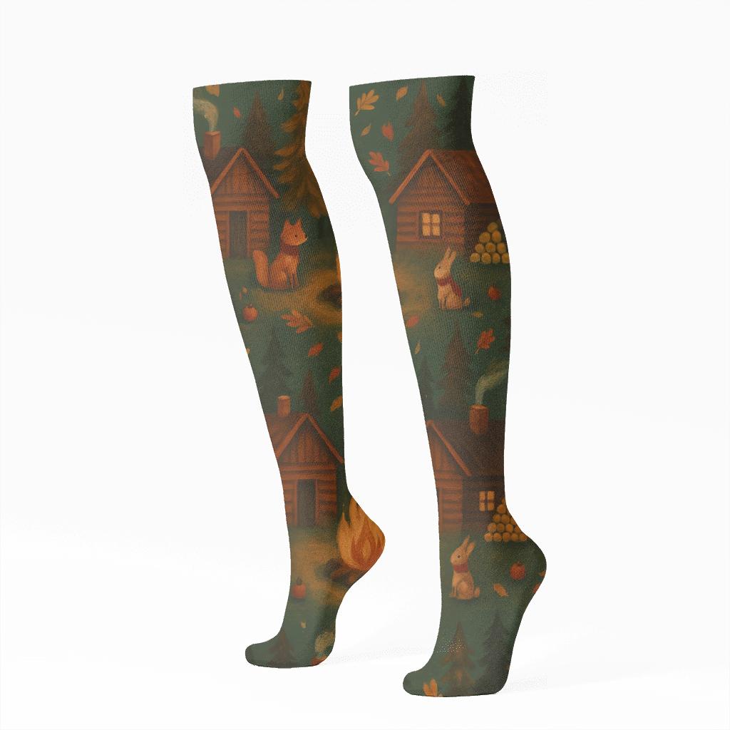 Cozy Cabin Scene Wraparound custom knee-high socks